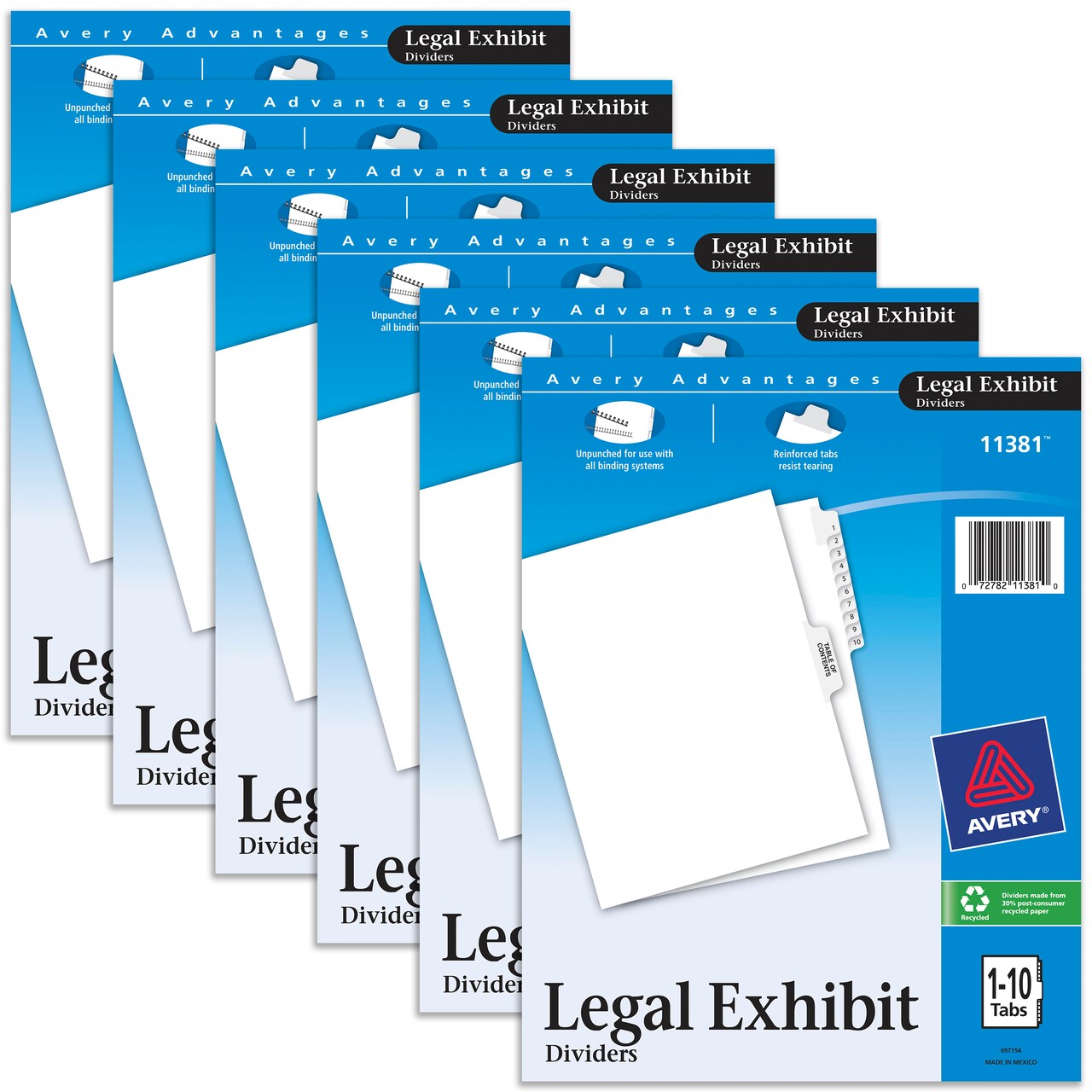 Avery Legal Exhibit Binder Dividers, Preprinted 1-10 and Table of Contents Side Tabs, Unpunched Letter Size, 1 Set Collated, 6 Sets per Pack (11381)
